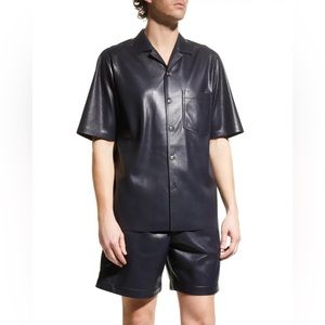 Men's Bodil Faux-Leather Camp Shirt, Navy, Size Medium NWT